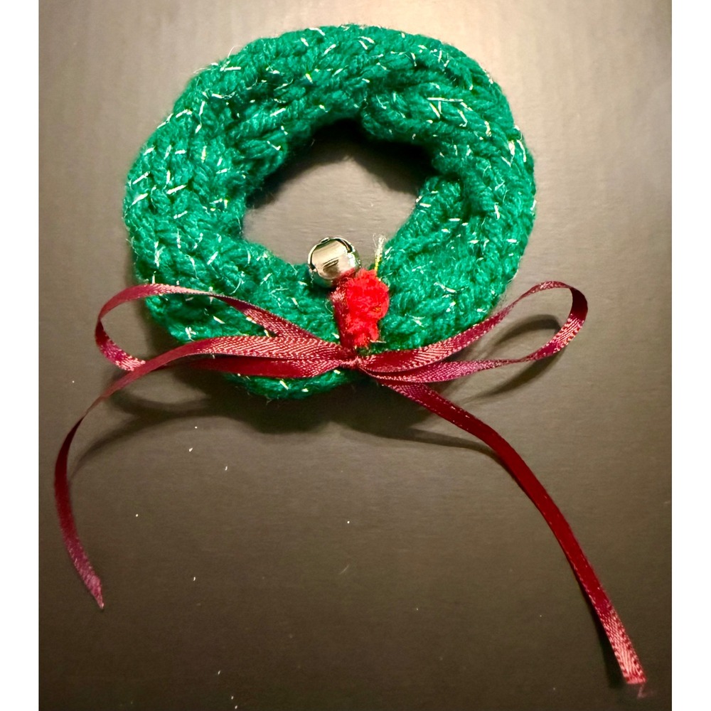 Crochet Christmas Wreath Ornament Green Excellent Jingle Bell Bow